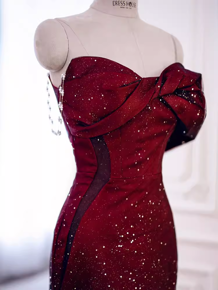 Mermaid Strapless Long Burgundy Prom Dresses
