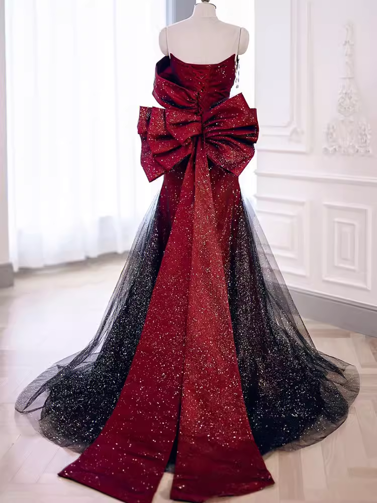 Mermaid Strapless Long Burgundy Prom Dresses