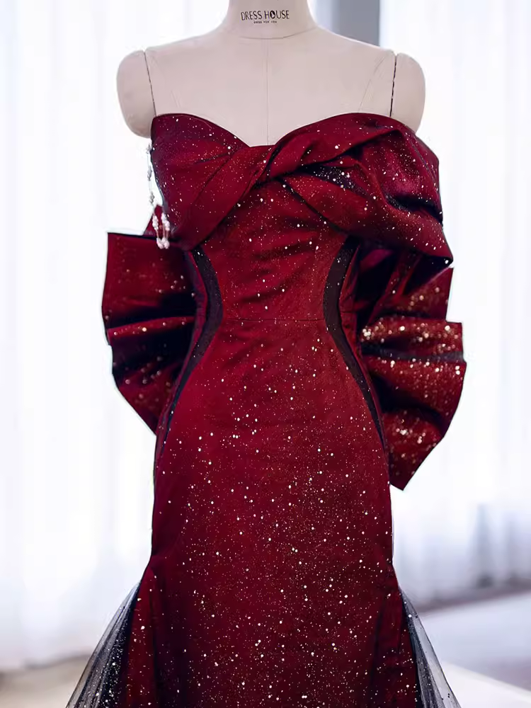 Mermaid Strapless Long Burgundy Prom Dresses