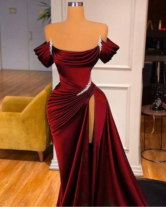 Mermaid Strapless Burgundy Long Slit Prom Dress Evening Dresses