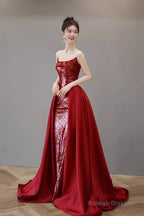 Mermaid Strapless Sequin Red Prom Dresses Long Evening Dress
