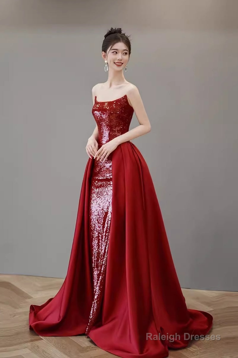 Mermaid Strapless Sequin Red Prom Dresses Long Evening Dress