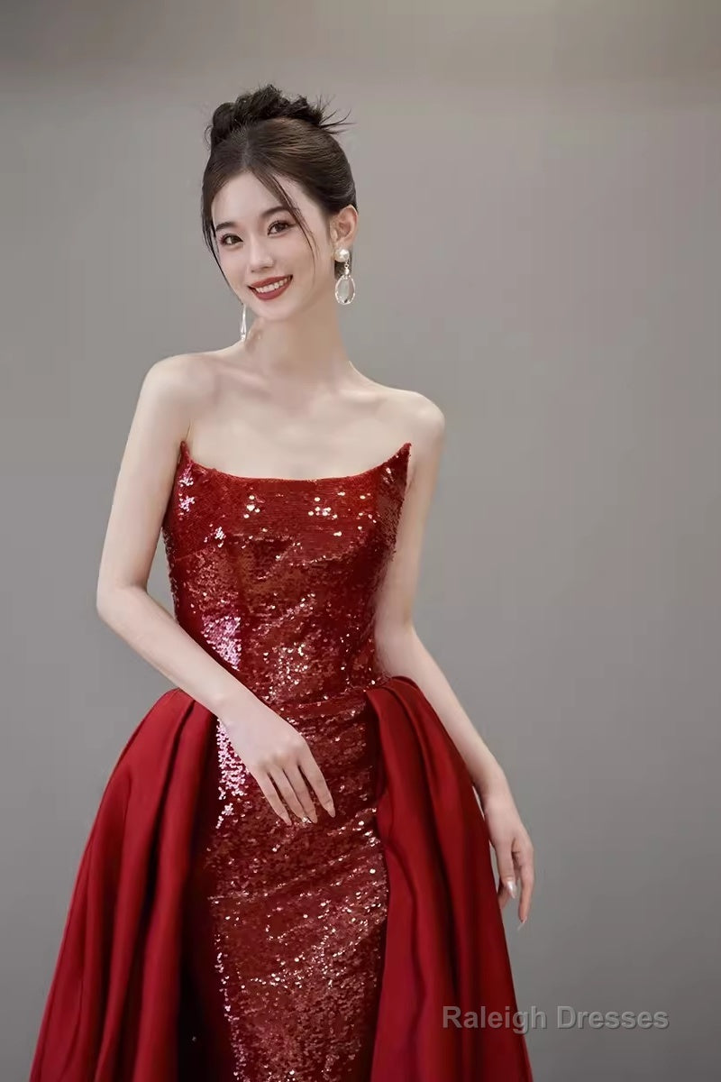 Mermaid Strapless Sequin Red Prom Dresses Long Evening Dress