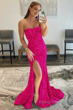 Mermaid Strapless Sequins Long Prom Dress with Slit