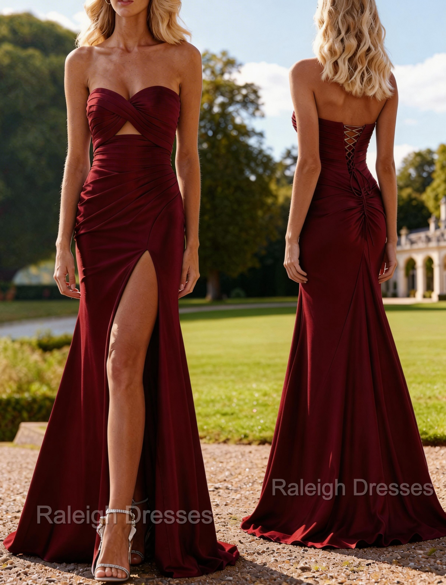 Mermaid Strapless Slit Prom Dress with Pleats Keyhole