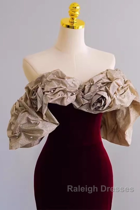 Mermaid Strapless Wine Red Long Prom Dress