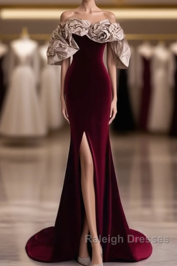 Mermaid Strapless Wine Red Long Prom Dresses Main image