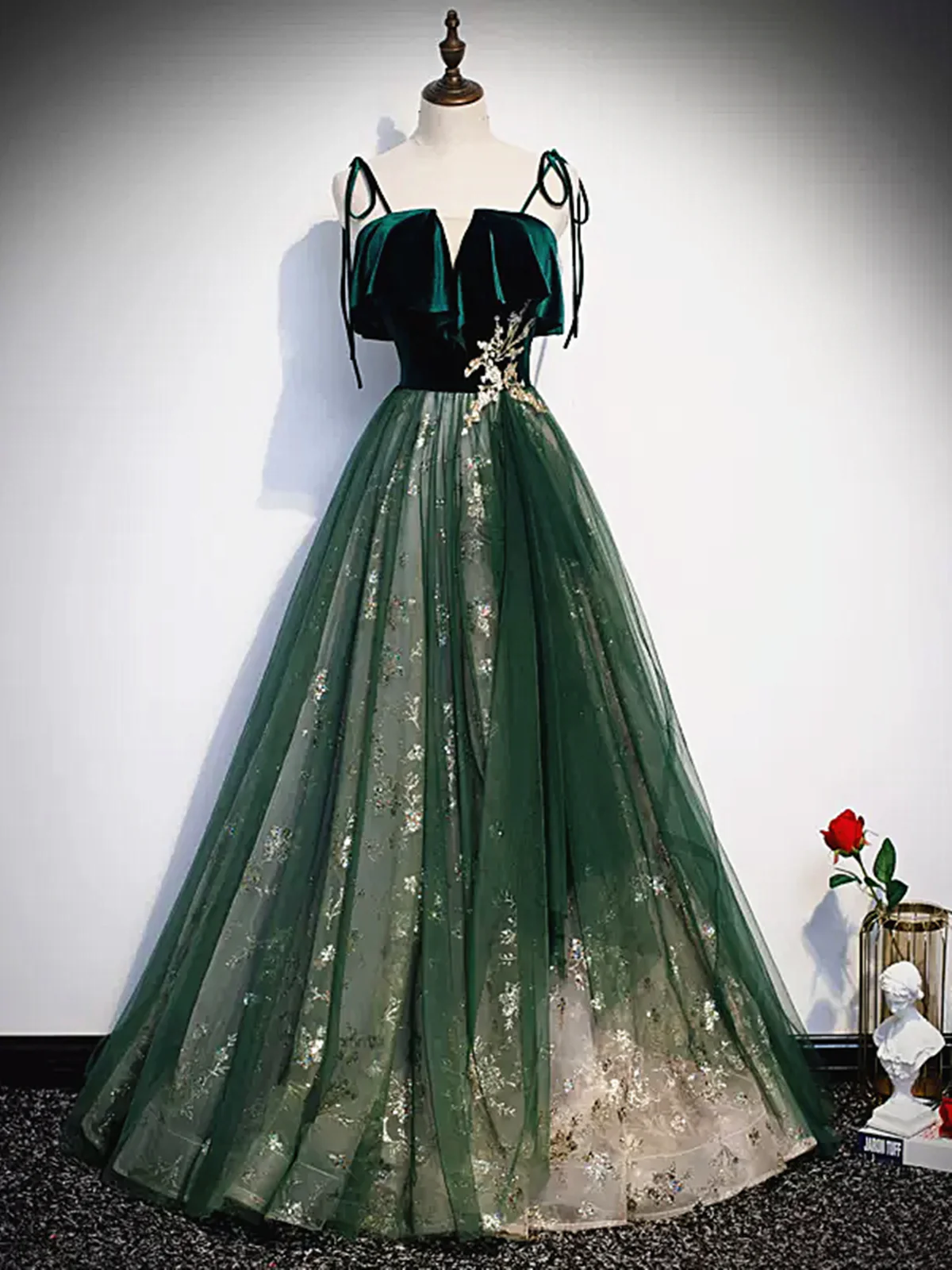 Green Straps Velvet Long Lace Prom Dress Main image