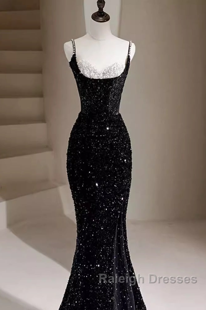 Mermaid Straps Long Black Sequin Prom Dresses Secondary image