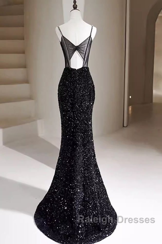 Mermaid Straps Long Black Sequin Prom Dresses
