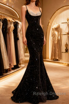 Mermaid Straps Long Black Sequin Prom Dresses