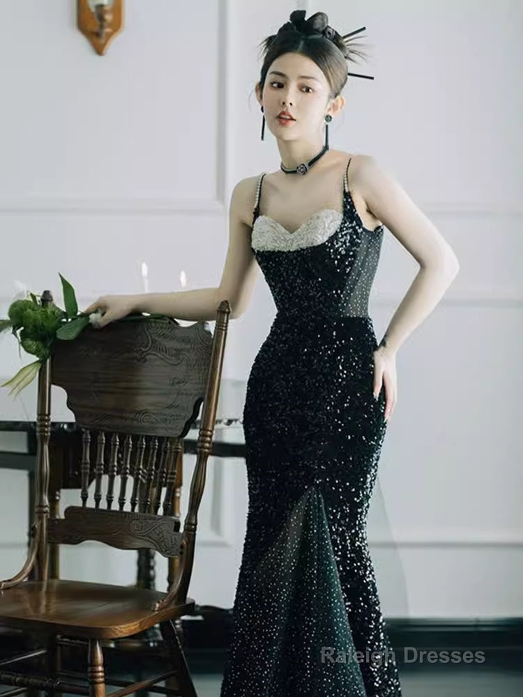 Mermaid Straps Long Black Sequin Slit Prom Dresses Secondary image