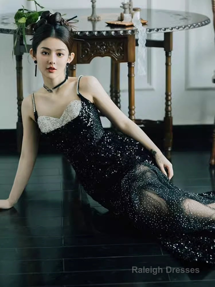 Mermaid Straps Long Black Sequin Slit Prom Dresses
