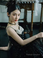 Mermaid Straps Long Black Sequin Slit Prom Dresses