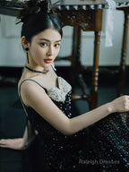 Mermaid Straps Long Black Sequin Slit Prom Dress