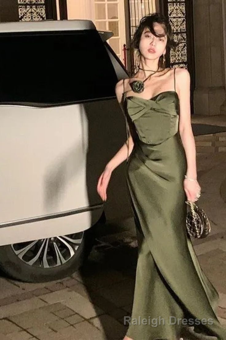 Mermaid Straps Satin Green Prom Dresses Formal Prom Dress
