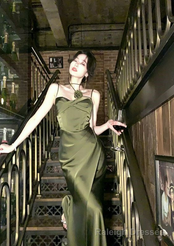 Mermaid Straps Satin Green Prom Dresses Formal Prom Dress