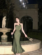 Mermaid Straps Satin Green Prom Dresses Formal Prom Dress