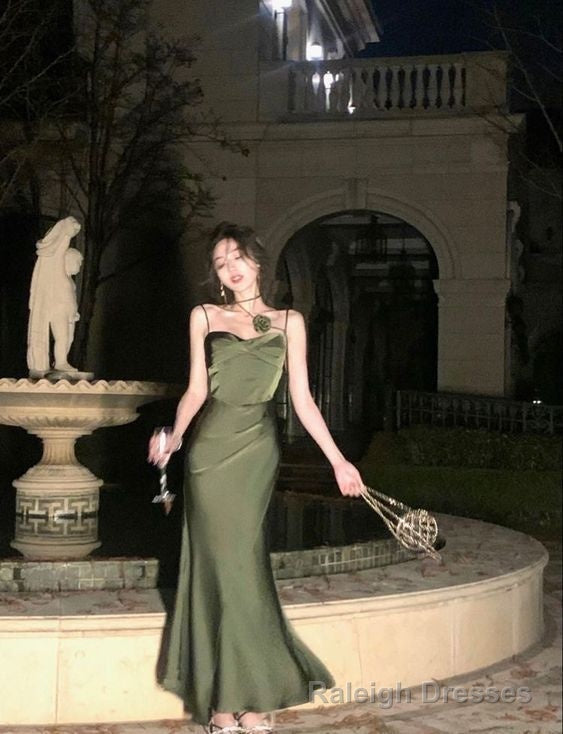 Mermaid Straps Satin Green Prom Dresses Formal Prom Dress