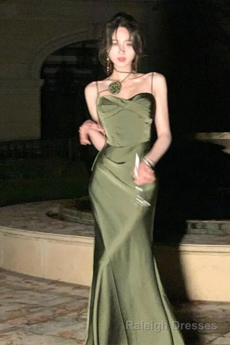 Mermaid Straps Satin Green Prom Dresses Formal Evening Dress Main image