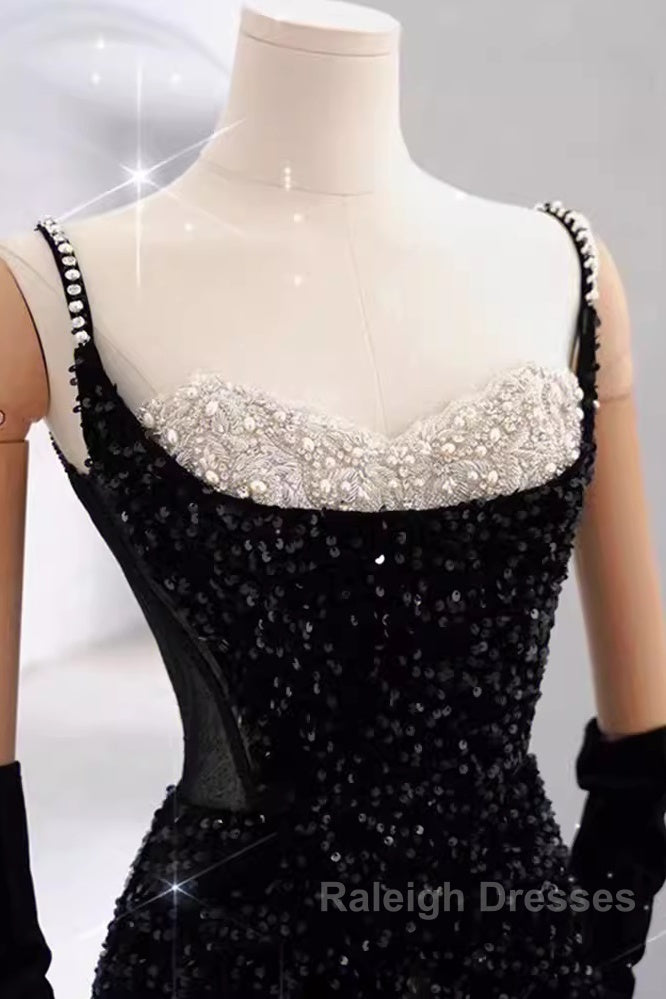 Mermaid Straps Sequin Black Backless Long Prom Dresses Secondary image