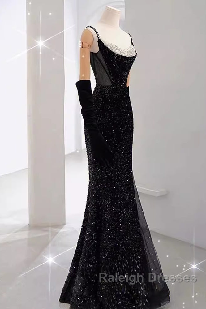 Mermaid Straps Sequin Black Backless Long Prom Dresses