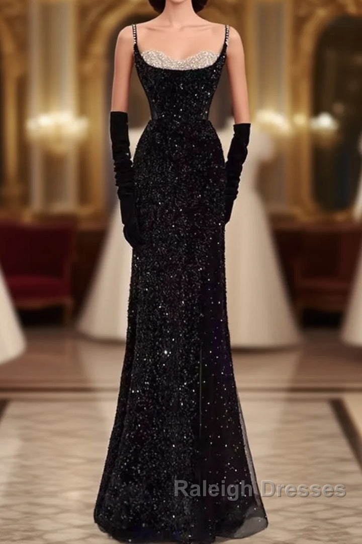 Mermaid Straps Sequin Black Backless Long Prom Dresses Main image