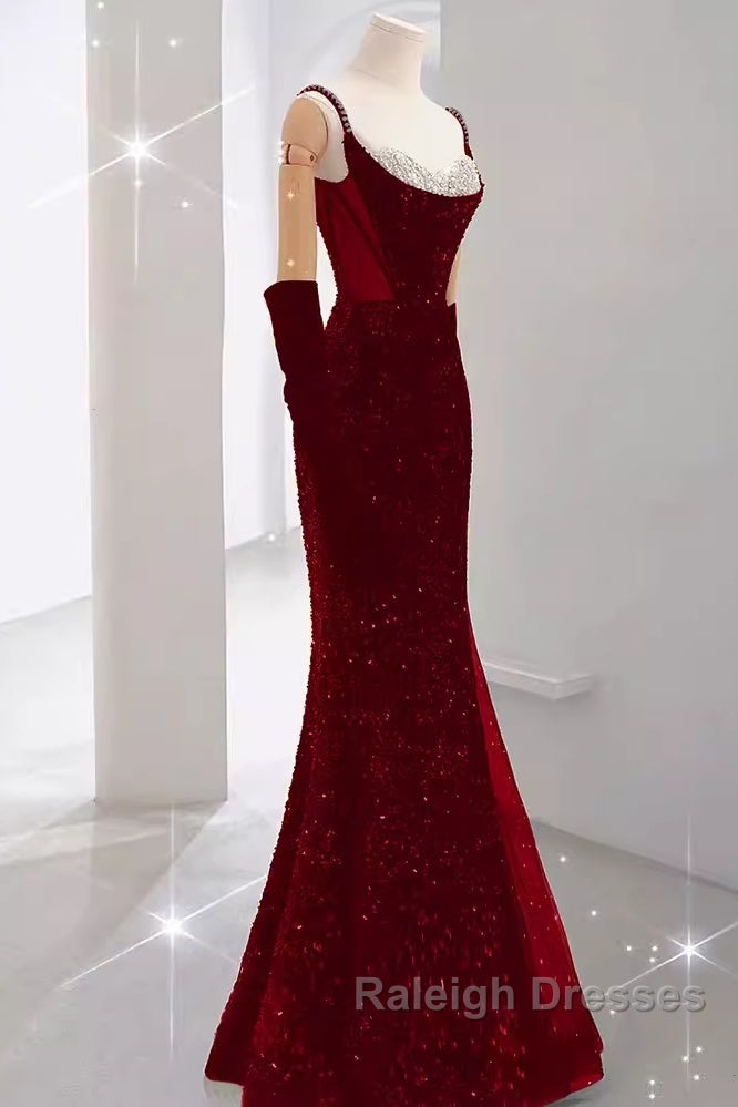 Mermaid Straps Sequin Red Backless Long Prom Dresses