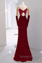 Mermaid Straps Sequin Red Backless Long Prom Dresses
