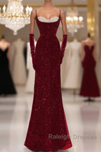 Mermaid Straps Sequin Red Backless Long Prom Dresses