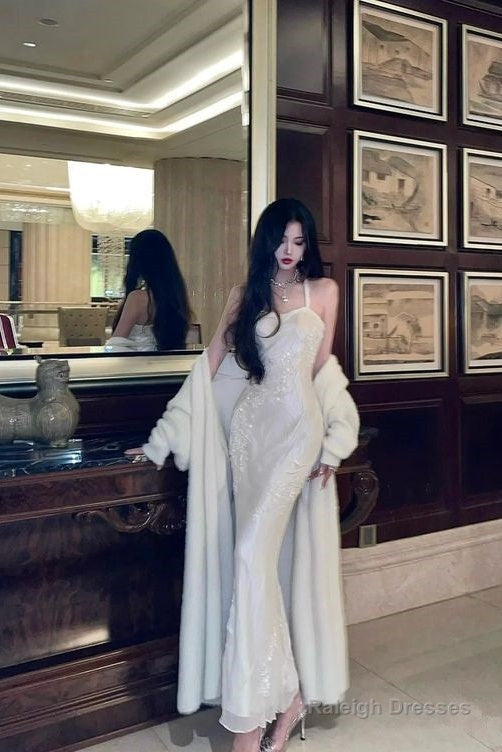 Mermaid Straps Sequin White Prom Dresses Formal Evening Dress