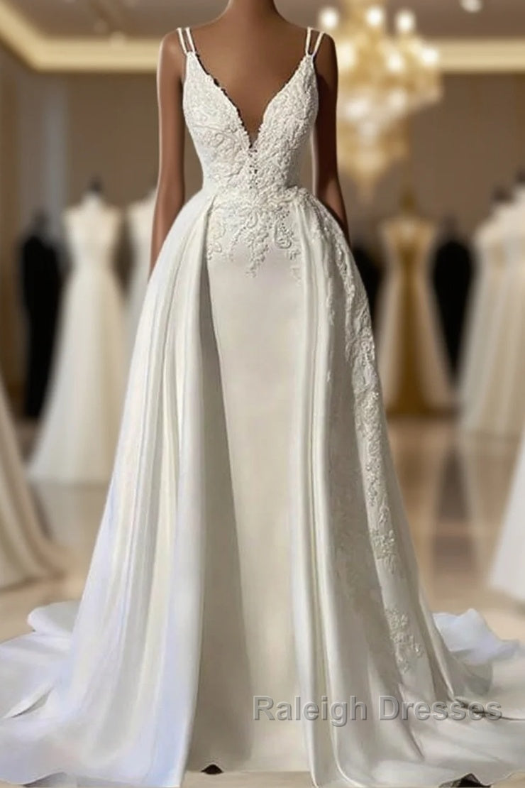 Mermaid Straps V Neck Appliques Satin Wedding Dress Main image