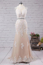 Mermaid Sweep Train Open Back Tulle Prom Appliques Wedding Dresses