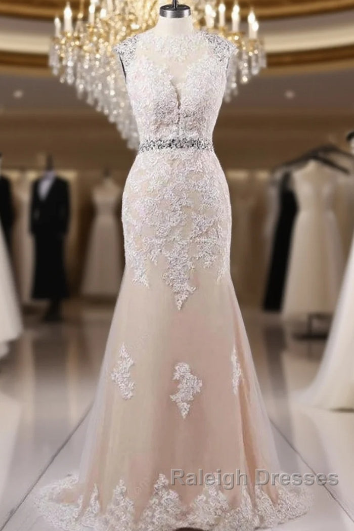 Mermaid Sweep Train Open Back Tulle Prom Appliques Wedding Dresses Main image