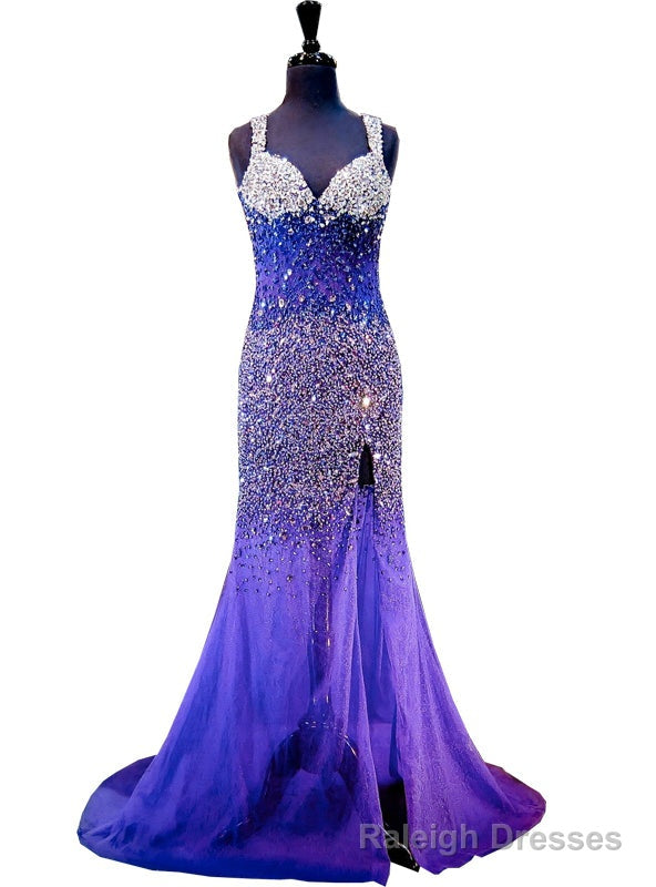 Mermaid Sweetheart Beaded Crystals Backless High Slit Dark Purple Prom Dress Main image
