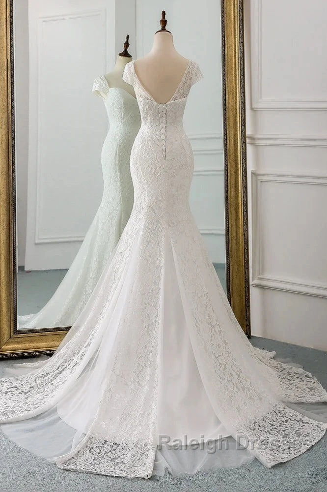 Mermaid Sweetheart Lace Long Wedding Dresses Bride Gown Cap Sleeves