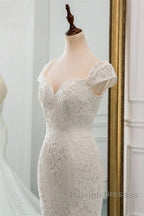 Mermaid Sweetheart Lace Long Wedding Dress Bride Gown Cap Sleeves