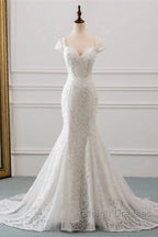 Mermaid Sweetheart Lace Long Wedding Dresses Bride Gown Cap Sleeves