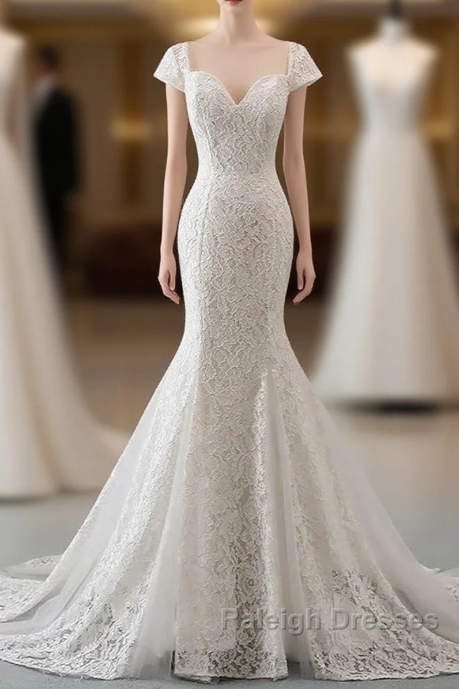Mermaid Sweetheart Lace Long Wedding Dresses Bride Gown Cap Sleeves Main image