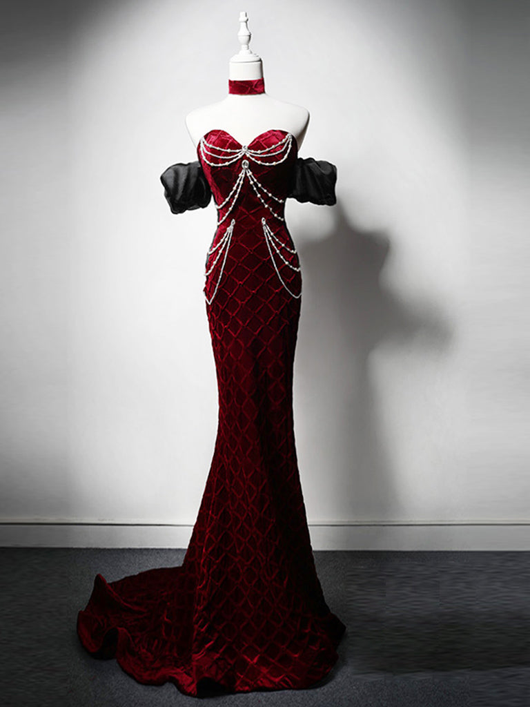 Mermaid Sweetheart Neck Velvet Beads Burgundy Long Formal Prom Dress Main image