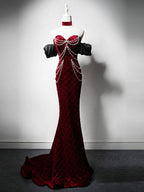 Mermaid Sweetheart Neck Velvet Beads Burgundy Long Formal Prom Dress