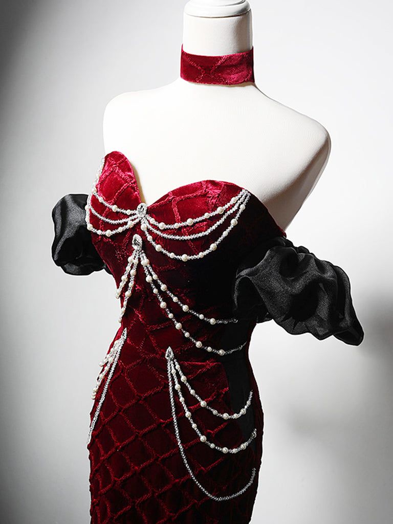 Mermaid Sweetheart Neck Velvet Beads Burgundy Long Formal Prom Dress Secondary image