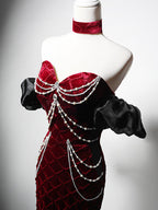 Mermaid Sweetheart Neck Velvet Beads Burgundy Long Formal Prom Dress