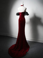 Mermaid Sweetheart Neck Velvet Beads Burgundy Long Formal Prom Dress