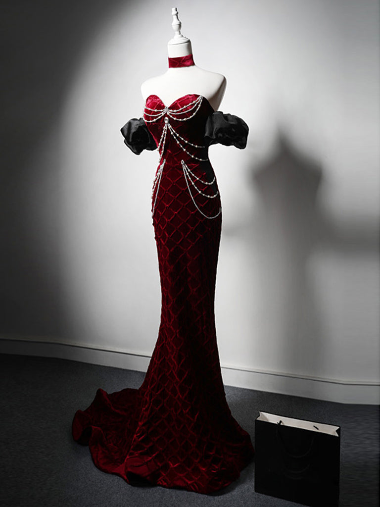 Mermaid Sweetheart Neck Velvet Beads Burgundy Long Formal Prom Dress