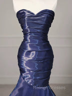 Mermaid Sweetheart Neck Water Satin Dark Blue Long Prom Dress, Dark Blue Formal Dress