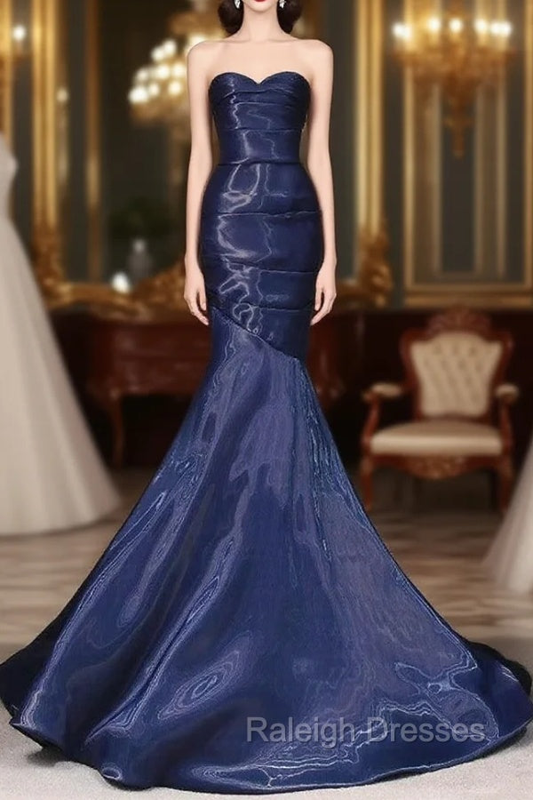 Mermaid Sweetheart Neck Water Satin Dark Blue Long Prom Dress, Dark Blue Formal Dress Main image