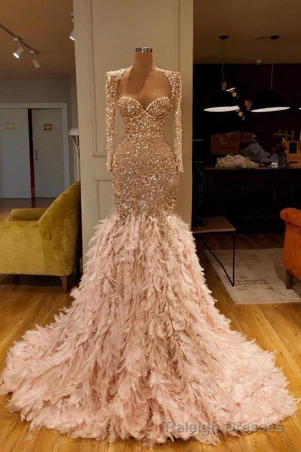 Mermaid Sweetheart Sequined Floor Length Long Sleeve With Feather Prom Dress Main image