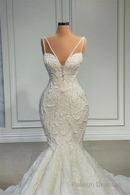 Mermaid Sweetheart Spaghetti strap Lace Floor-length Sleeveless Applique Beaded Wedding Dress Secondary image