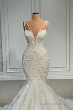 Mermaid Sweetheart Spaghetti strap Lace Floor Length Sleeveless Applique Beaded Wedding Dress